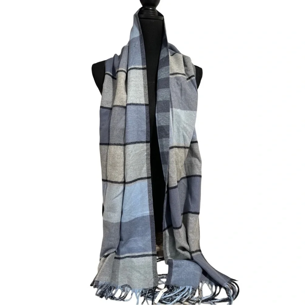 Super SoftDouble sided Plaid & Checked Pattern Blue Toned Long Scarf NEW